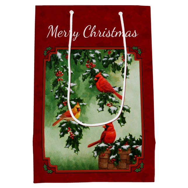 Northern Cardinals and Holly Red Medium Gift Bag (Back)