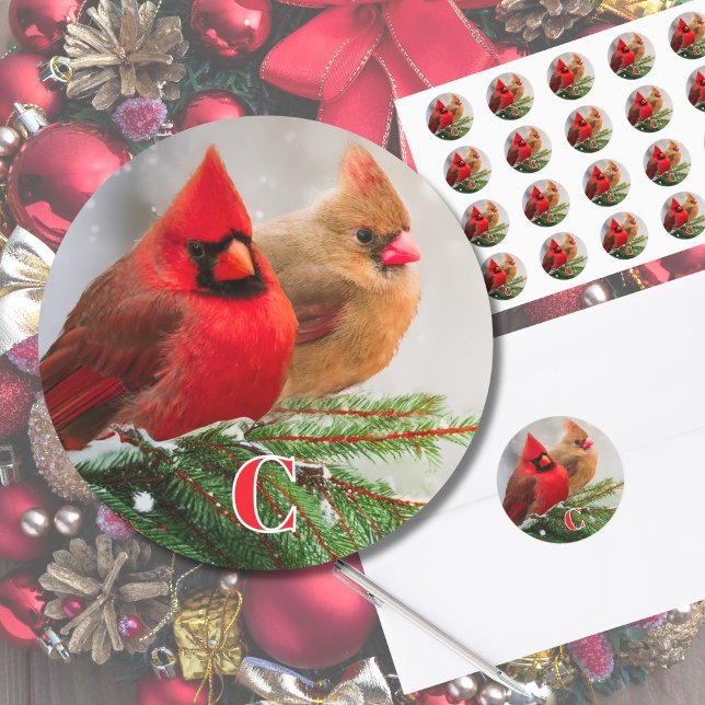 Northern Cardinals in Pine Tree Family Initial Classic Round Sticker (A cardinal pair sit on a snowy pine tree branch on this envelope sticker seal with custom initial.)