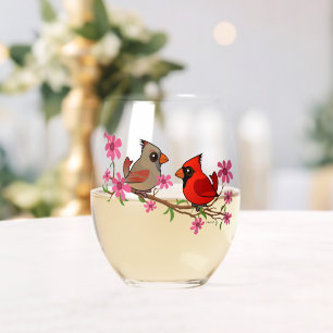 Northern Cardinals on Blossom Branch Stemless Wine Glass