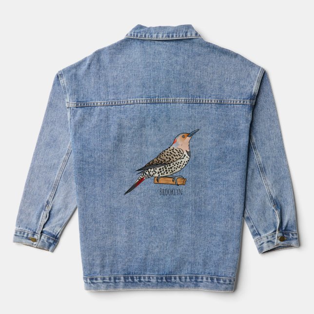 Northern flicker bird cartoon illustration denim jacket (Back)