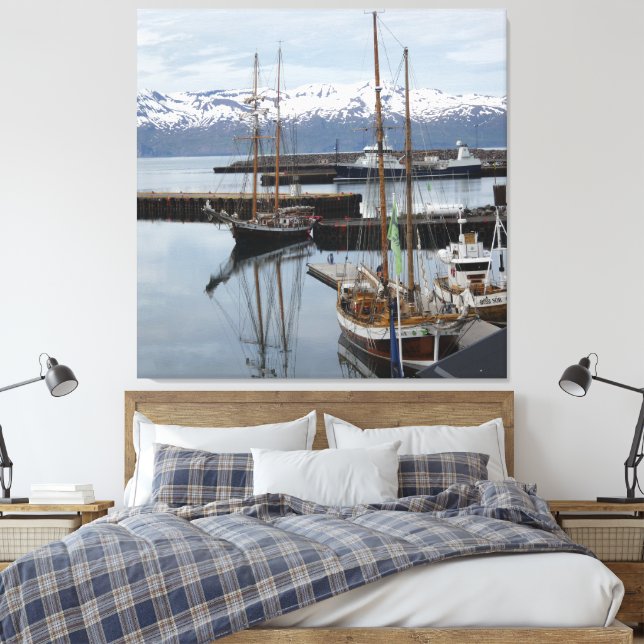 Northern Iceland Harbour Tall Ship Reflections  Canvas Print (Insitu(Bedroom))