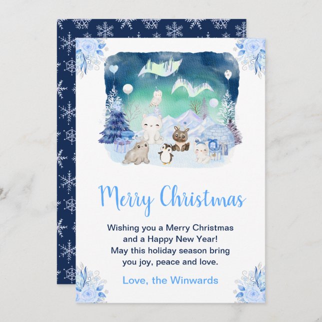 Northern Lights Arctic Animals Merry Christmas Holiday Card (Front/Back)