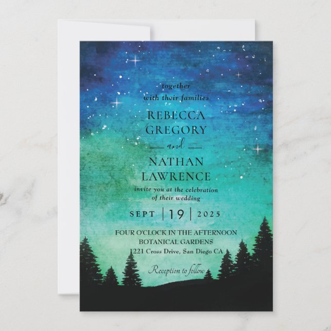 Northern lights at night Wedding Invitation (Front)