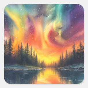 Northern Lights At The Lake With Stars Square Sticker