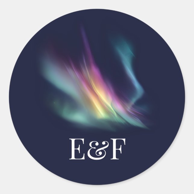 Northern Lights Aurora Borealis Monogram Wedding Classic Round Sticker (Front)