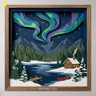 Northern Lights Canada Paper Collage Diorama Poster