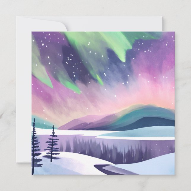 Northern Lights Colourful Winter Night | Watercolo Card (Front)
