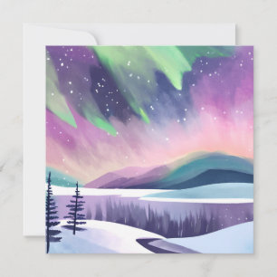 Northern Lights Colourful Winter Night   Watercolo Card