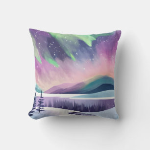 Northern Lights Colourful Winter Night   Watercolo Cushion