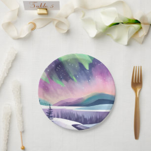 Northern Lights Colourful Winter Night Watercolo Paper Plate
