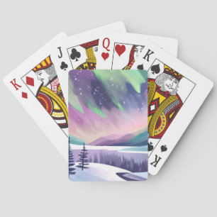 Northern Lights Colourful Winter Night Watercolo Playing Cards