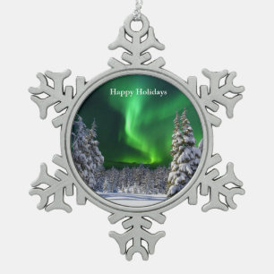 Northern lights during winter  snowflake pewter christmas ornament