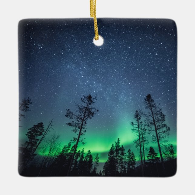 Northern Lights Forest Ceramic Ornament (Front)