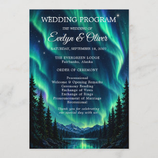 Northern Lights Forest Mountain Lake Wedding Programme