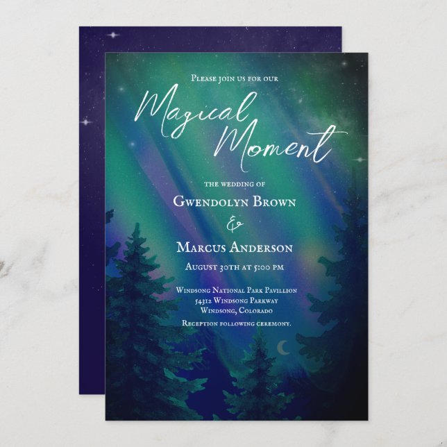 Northern Lights Forest  QR Code Wedding Invitation (Front/Back)