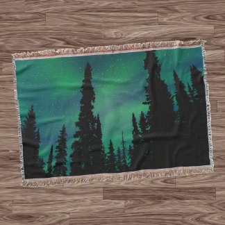 Northern Lights Green Night Sky Forest Throw Blanket