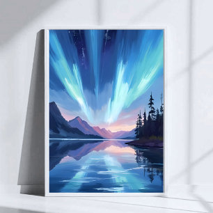 Northern Lights Lake Reflection Night Sky Poster