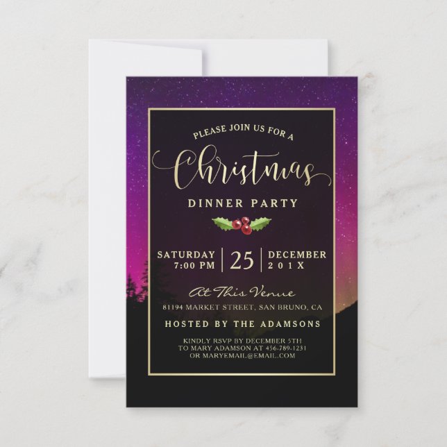 Northern Lights Modern Aurora Sky Christmas Dinner Invitation (Front)