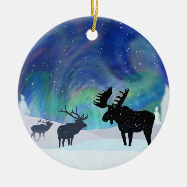 Northern Lights Moose and Elk Ceramic Tree Decoration (Front)