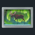 Northern Lights Moose Rectangular Belt Buckle<br><div class="desc">An ever so slightly stylised image of a moose silhouetted against the Northern Lights.</div>