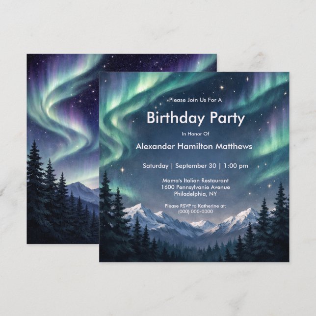 Northern Lights Mountain Forest Birthday  Invitation (Front/Back)