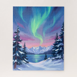 Northern Lights   Mountains Winter Watercolor Jigsaw Puzzle