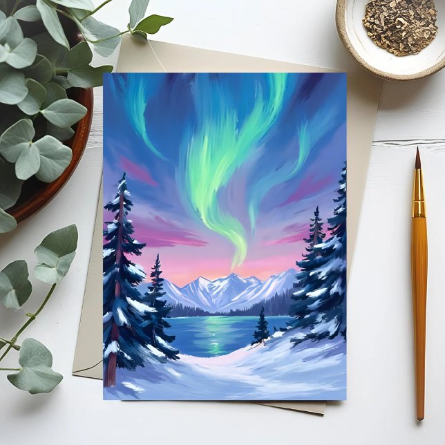 Northern Lights | Mountains Winter Watercolor Postcard (Creator Uploaded)