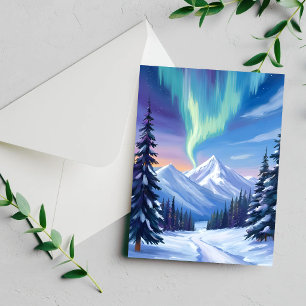 Northern Lights Mountainscape Watercolor Card