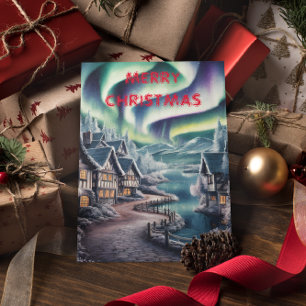 Northern Lights Over a Charming House Christmas  Postcard