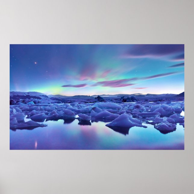 Northern Lights over Jokulsarlon lake, Iceland Poster (Front)
