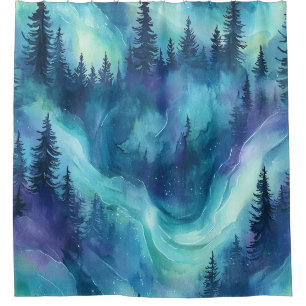 Northern Lights Pine Forest Winter Night Glow Shower Curtain