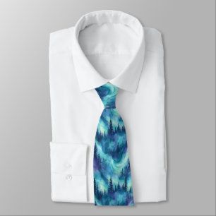 Northern Lights Pine Forest Winter Night Glow Tie
