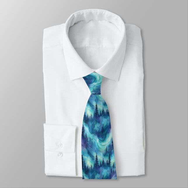 Northern Lights Pine Forest Winter Night Glow Tie (Tied)
