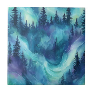 Northern Lights Pine Forest Winter Night Glow Tile