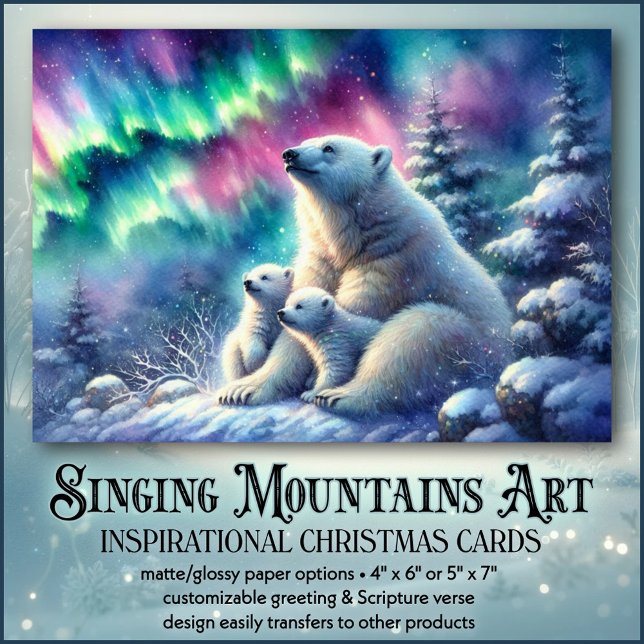 Northern Lights Polar Bears Christian Christmas  Holiday Card (Creator Uploaded)