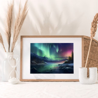 Northern Lights Seascape Mountains Watercolor Poster