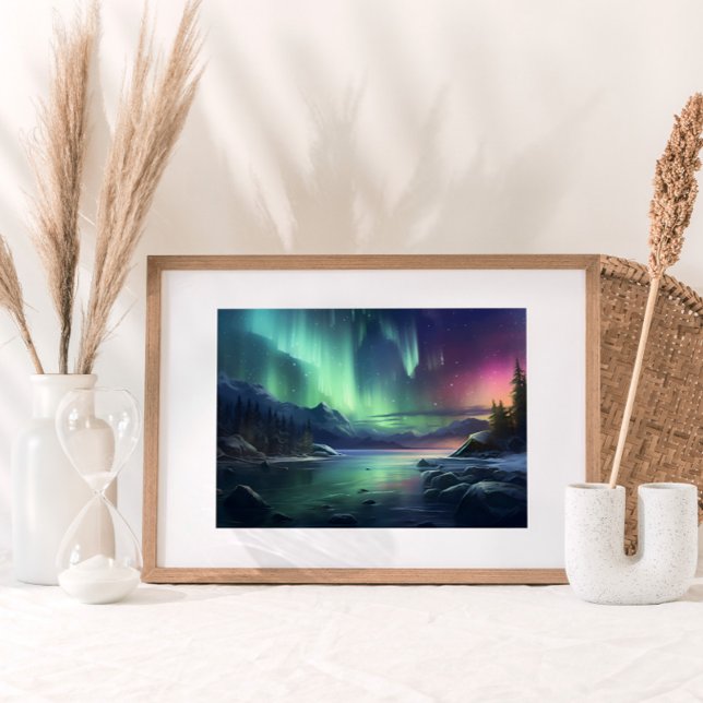 Northern Lights Seascape Mountains Watercolor Poster (An evening seascape and the celestial dance of the Northern Lights over majestic mountains.)