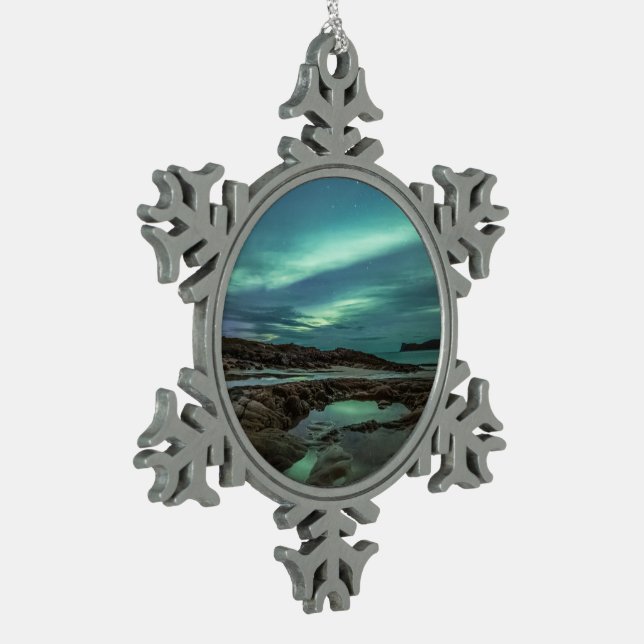 Northern Lights Snowflake Pewter Christmas Ornament (Left)