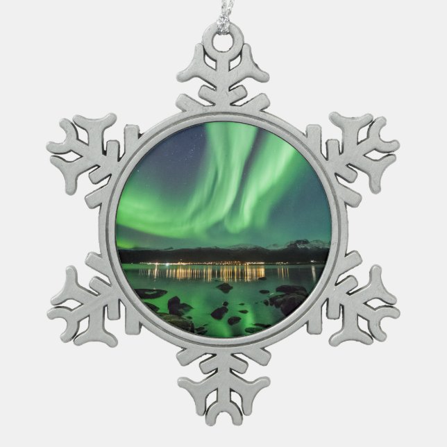 Northern Lights Snowflake Pewter Christmas Ornament (Front)
