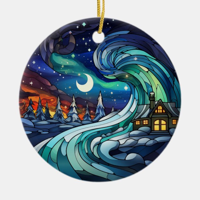 Northern Lights Swirl Stained Glass Ornament (Front)