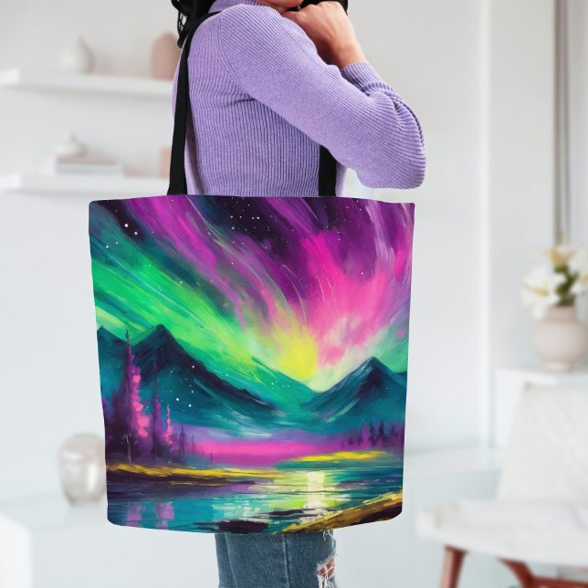 Northern Lights Vibrant Abstract Night Landscape Tote Bag (Creator Uploaded)