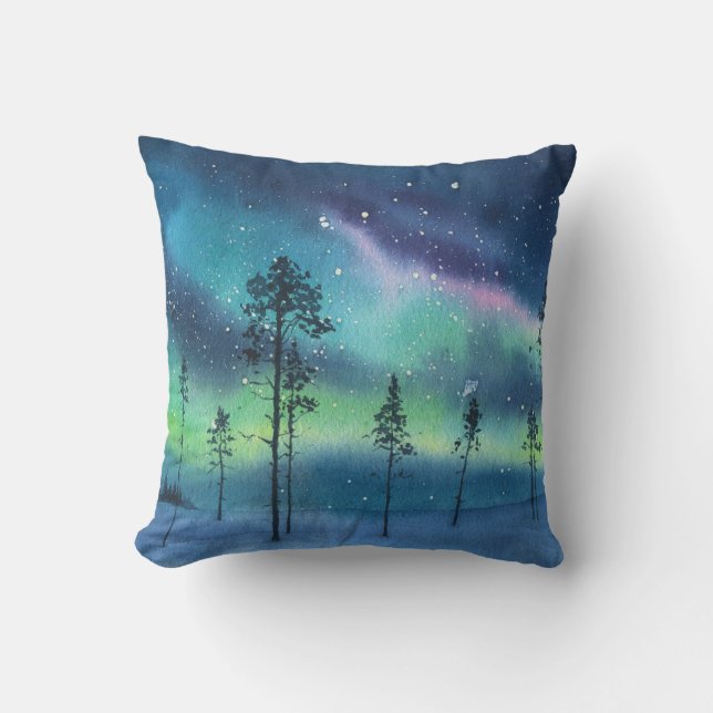 Northern lights, watercolor landscape cushion (Front)