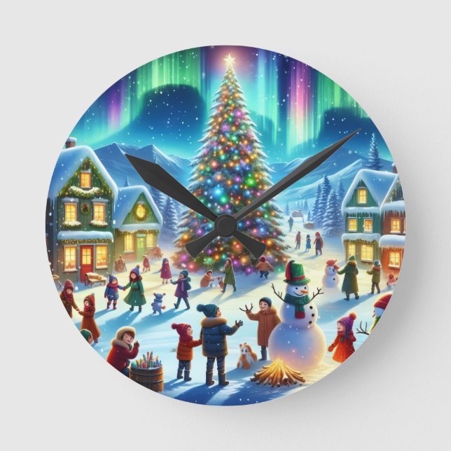 Northern Lights Winter Christmas Celebration Round Clock (Front)