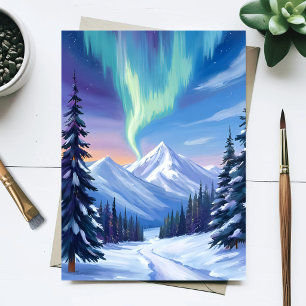 Northern Lights Winter Mountainscape Watercolor Postcard