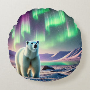 Northern Lights with Polar Bear – Winter Serenity  Round Cushion