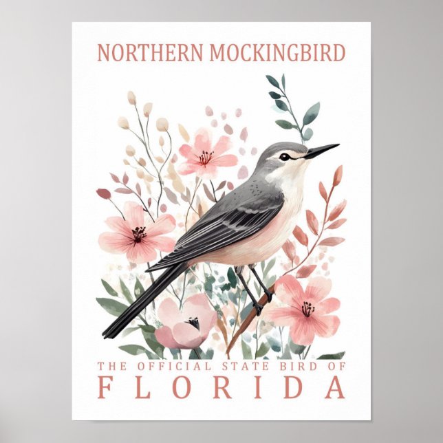 Northern Mockingbird Bird of Florida USA Travel Poster (Front)