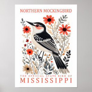 Northern Mockingbird Bird of Mississippi Travel Poster
