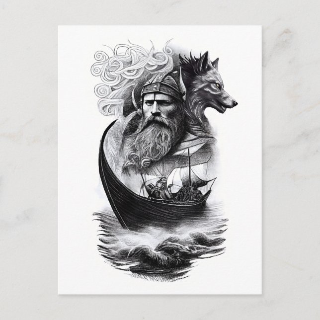 northern mythology Odin Fenriswolf and viking ship Postcard (Front)