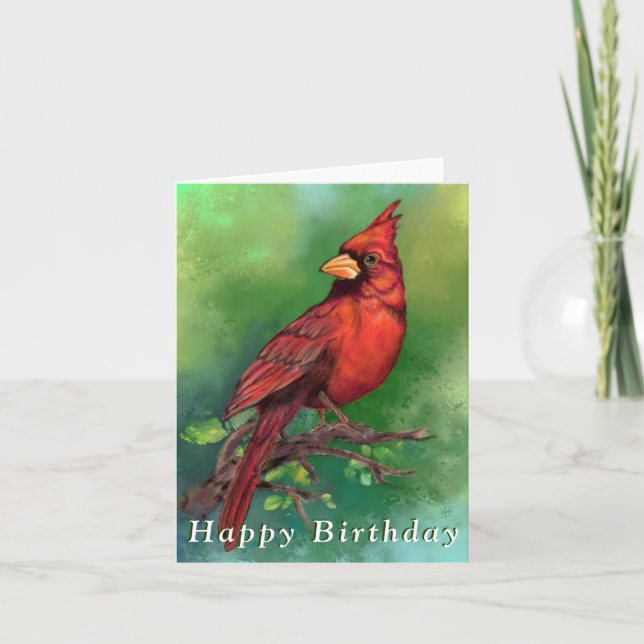 Northern Red Cardinal Bird Birthday Card (Front)