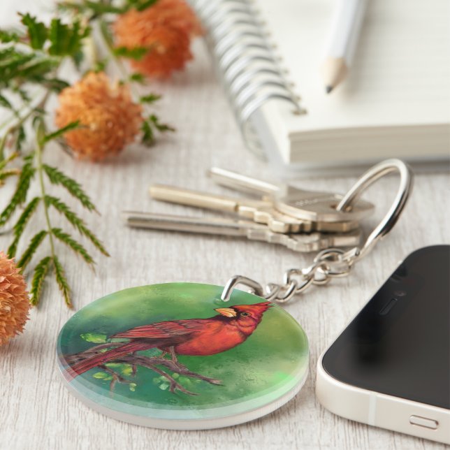 Northern Red Cardinal Bird Keychain Gift (Front Right)